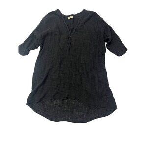 Stark X Top Tunic Medium Oversized Black Linen Gauze Loose Flowy Lagenlook Hi-Lo